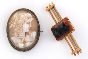 An antique gold triple bar brooch set with a classical male cameo portrait; together with a vintage silver mounted cameo brooch, 19th and 20th century, (2 items), the gold example 5.3cm wide, 8.8 grams total.