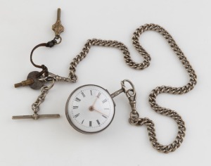 JOHN HARRIS of LONDON: An antique English sterling silver cased pocket watch with chain fusee verge escapement and sumptuously engraved black cock, one piece enamel dial with gold hands, 18th century. Lacking pair case but together with a fob chain and ke