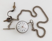 JOHN HARRIS of LONDON: An antique English sterling silver cased pocket watch with chain fusee verge escapement and sumptuously engraved black cock, one piece enamel dial with gold hands, 18th century. Lacking pair case but together with a fob chain and ke