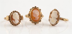 Three antique and vintage 9ct gold rings set with carved cameo portraits, 19th/20th century, 8.3 grams total.