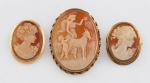 Three carved cameo brooches mounted in 9ct gold, 19th/20th century, the largest 4.2cm high.