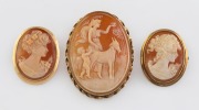 Three carved cameo brooches mounted in 9ct gold, 19th/20th century, the largest 4.2cm high.