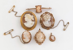 Assorted gold mounted carved cameo brooches and pendants, 19th and 20th century, (6 items), the largest 3.7cm high overall.