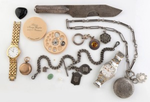 Antique sterling silver fob chain with fobs, antique gold plated sovereign case, three assorted dress watches, silver assay weights, pocket watch on chain, folk art silver finished knife with engraved decoration, Porsche key ring, assorted lose stones, an
