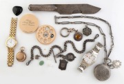 Antique sterling silver fob chain with fobs, antique gold plated sovereign case, three assorted dress watches, silver assay weights, pocket watch on chain, folk art silver finished knife with engraved decoration, Porsche key ring, assorted lose stones, an