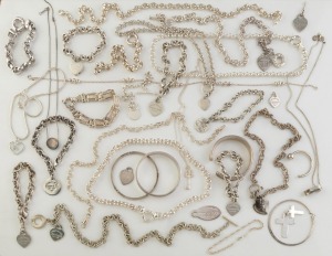 Assorted bangles, necklaces, bracelet, charms and jewellery, many stamped 925, some stamped TIFFANY & Co. (qty), 800 grams total weight.