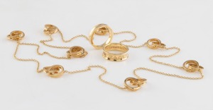 Two 18ct yellow gold rings and a necklace, each stamped "TIFFANY & Co. 750", (3 items), ​​​​​​​40.8 grams total.