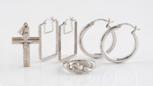 A 9ct white gold ring, crucifix pendant and two pairs of earrings, ​​​​​​​9.5 grams total.