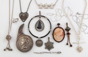 Five assorted silver necklaces, pendants, silver coin, bangle, cameo pendant in gilt silver mount, gold plate and garnet pendant, Napoleon wine knife etc., (qty).