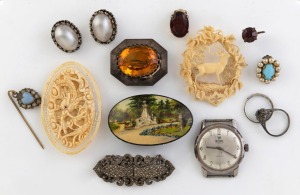 Antique ivory brooches, hand-painted timber brooch, 18ct white gold ring (1.5 grams), wristwatch and a small quantity of silver and costume jewellery, (qty).