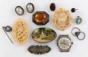 Antique ivory brooches, hand-painted timber brooch, 18ct white gold ring (1.5 grams), wristwatch and a small quantity of silver and costume jewellery, (qty).