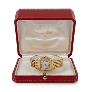 CARTIER "Panth&egrave;re de Cartier" 18ct gold cased wristwatch on 18ct golf bracelet, near mint condition in original box with booklets, wallet and documentation, ​​​​​​​108.7 grams total weight including movement.