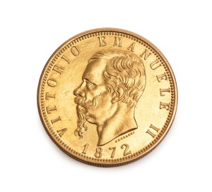 1872 Vittorio Emanuele II, 100 Lire gold (32.25g; 34mm), Rome Mint; aUnc. Extremely rare; only 661 examples were minted.