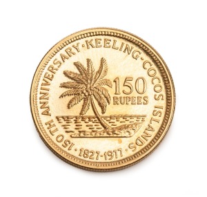 1977 150th Anniversary of the Cocos (Keeling) Islands, 150 Rupees, gold (10.37g, 21.75mm), Unc.