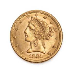 United States of America: 1881 $5 Liberty Head, Philadelphia Mint, gold coin (8.36g; 21.65mm), EF.