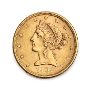 United States of America: 1902 $5 Liberty Head, San Francisco Mint, gold coin (8.36g; 21.65mm), Unc.