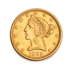 United States of America: 1895 $5 Liberty Head, Philadelphia Mint, gold coin (8.36g; 21.65mm), EF.