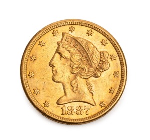 United States of America: 1887 $5 Liberty Head, San Francisco Mint, gold coin (8.36g; 21.65mm), EF.