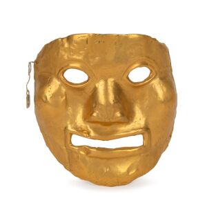 EL DORADO EXHIBITION, National Gallery of Victoria: Pre-Columbian gilt metal face mask by Antworks of Melbourne, 15cm high