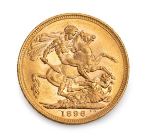 1896 Sovereign, Veiled Head, St. George reverse, Melbourne, Unc.