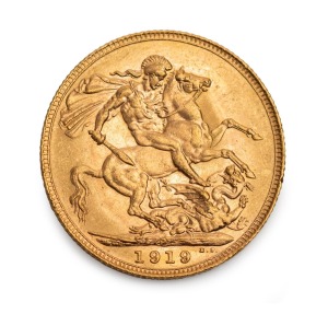1919 Sovereign, GEORGE V, St. George reverse, Perth, Unc.