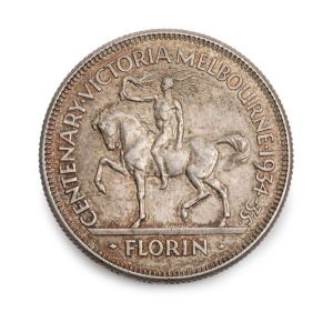 1934-35 Melbourne Centenary florin, together with an original Foy & Gibson bag, VF.