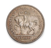 1934-35 Melbourne Centenary florin, together with an original Foy & Gibson bag, VF.