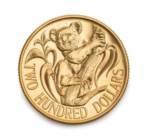 TWO HUNDRED DOLLARS, 1980 $200 gold Koala, uncirculated in blue plastic folder of issue.