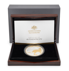 ONE DOLLAR 5oz SELECTIVELY GOLD-PLATED SILVER PROOF: 'Icons Of Australia - Mob Of Roos' 2020 coin, limited edition 662/1000, in attractive timber presentation case with CoA, original box, and card sleeve.