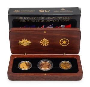 THREE GOLD COIN SET: 'Icons Of The Commonwealth' 2008 collaboration between The Royal Mint, Royal Australian Mint, and Royal Canadian Mint, comprising Australian $25 1/5oz gold proof Kangaroo At Sunset, UK ¼oz gold proof Sovereign, and Canadian $10 ¼oz bullion Maple Leaf; limited edition 550/2500, in original case with CoA, booklet, and box.