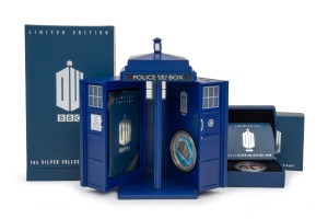 DOCTOR WHO: New Zealand Mint 2013 50th-anniversary two Niuean dollar 1oz silver proof, in unusual commemorative plastic TARDIS case with CoA and box, together with 2015 Twelfth Doctor Peter Capaldi one Niuean dollar ½oz silver proof, in original case with CoA and box. (2 items)