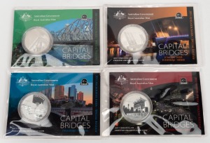 Group of four RAM 2011 'Capital Bridges' ANDA Special Release $1 1oz silver frosted uncirculated limited-edition coins, all in original packaging, comprising Melbourne, Sydney, Brisbane, and Adelaide. (4 items)