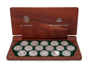FIVE DOLLARS: Royal Australian Mint-Perth Mint collaboration 'The Sydney 2000 Olympic Silver Coin Collection' set of sixteen 31.635g commemorative silver proofs, limited edition 1613/10000, in original timber case with CoA and box.
