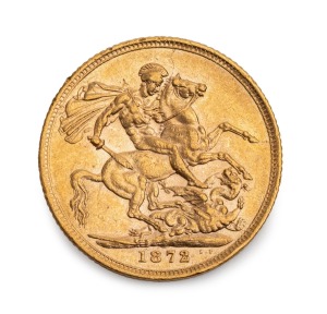 GREAT BRITAIN: VICTORIA, Young Head 1872 Sovereign, St. George reverse, EF.