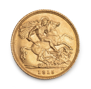 Half Sovereign, GEORGE V, 1915 St. George reverse, Sydney Mint, EF+.