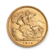 Half Sovereign, GEORGE V, 1915 St. George reverse, Sydney Mint, EF+.