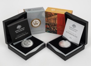 FIVE DOLLARS: Two RAM silver proofs, both in original cases with CoA and box, comprising 2015 'Longest-Reigning Commonwealth Monarch' [#1094/5000], together with 2019 'Treaty of Versailles' [#565/2000]. (2 items)