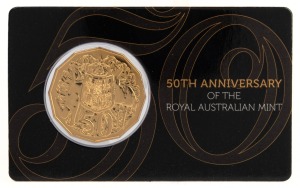 RAM 2018 '50th Anniversary Of The Royal Australian Mint' carded uncirculated gold-plated fifty-cent coin.