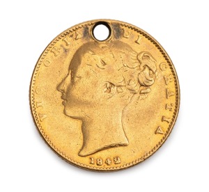 GREAT BRITAIN: VICTORIA, Young Head 1842 Sovereign, Shield reverse, F (holed).