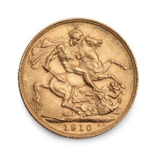GREAT BRITAIN: EDWARD VII, 1910 Sovereign, EF.