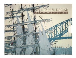TWO HUNDRED DOLLARS, 1988 $200 gold First Fleet, uncirculated; in folder of issue.