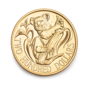 TWO HUNDRED DOLLARS, 1983 $200 gold Koala, uncirculated, in blue plastic folder of issue.