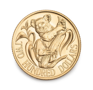 TWO HUNDRED DOLLARS, 1983 $200 gold Koala, uncirculated, in blue plastic folder of issue.