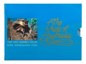 TWO HUNDRED DOLLARS, 1989 $200 gold Frilled Neck Lizard, Uncirculated, in folder of issue.