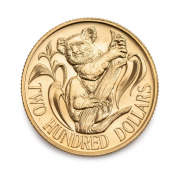 TWO HUNDRED DOLLARS, 1983 $200 gold Koala, uncirculated, in blue plastic folder of issue.