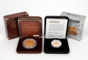 ONE DOLLAR - SELECTIVELY GOLD-PLATED SILVER PROOFS: Two Royal Australian Mint coins in original cases with CoA and box, comprising 2007 One Johanna Subscription Coin, together with 2009 Adelaide Assay Office Gold Ingot Subscription Coin. (2 items)