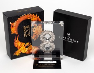 DRAGON & PHOENIX: Perth Mint 2020 $2 2oz antiqued silver 'Figure 8' coin, in original case with CoA and box.