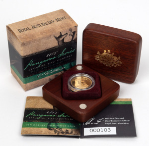 TEN DOLLARS - 1/10oz GOLD PROOF: RAM 2015 Kangaroo Series Explorers' First Sightings V. Woodthorpe coin, limited edition 103/1500, in original case with CoA and box.