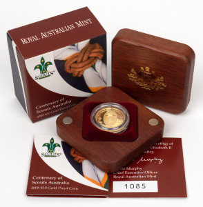 TEN DOLLARS - 1/10oz GOLD PROOF: RAM 2008 Centenary of Scouts Australia coin, limited edition 1085/1500, in original case with CoA and box.