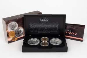 BLACK CAVIAR - SILVER PROOFS: 2013 RAM 'Black Caviar - Perfection' four-coin set, in original case with CoA and box, comprising Australian $1 1oz silver coin, Cook Islands $1 1oz silver coin, and two Australian $1 aluminium bronze coins.